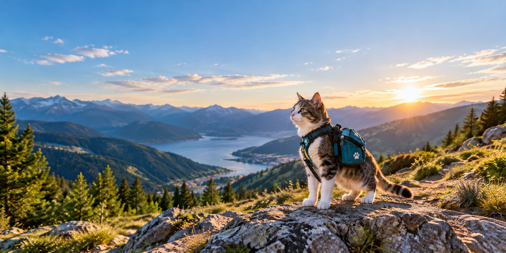 Gato con mochila mirando el atardecer en la montaña